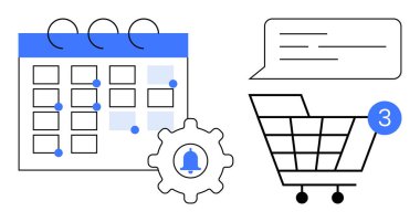Planlanan etkinliklerle takvim, alarm zilli ekipman, konuşma balonu ve alarmlı alışveriş arabası. E- ticaret, bildirimler, programlama, anımsatma, güncelleme organizasyonu için ideal