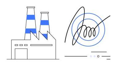 Factory with two chimneys adorned with blue stripes next to a bold signature encircled by blue rings. Ideal for manufacturing, industrial processes, corporate branding, document signing, business clipart