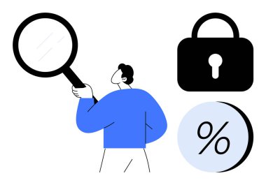 Elinde büyüteç, asma kilit ve yüzde işareti olan biri. Güvenlik, araştırma, gizlilik, veri analizi, denetleme, finansal inceleme, siber güvenlik konuları için ideal. Satır metaforu