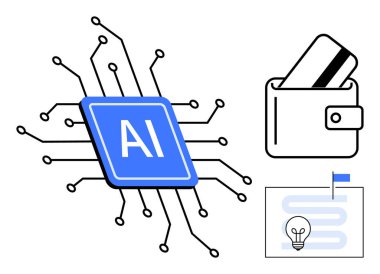 Bağlı hatları olan yapay zeka mikroçipi, banka kartlı cüzdan ve yeniliği temsil eden ampullü yol haritası. Finans, teknoloji, yapay zeka, yenilik ve dijital için ideal