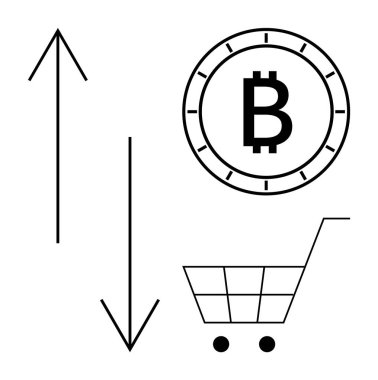 Bir alışveriş arabasının yanında piyasa uçuculuğunu simgeleyen yukarı aşağı okları olan bitcoin para. Yatırım, kripto para ticareti, e-ticaret, mali kararlar, çevrimiçi alışveriş, dijital