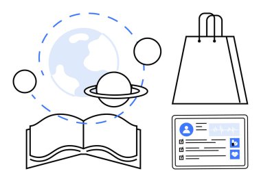 Açık kitap, yörüngeli gezegen, alışveriş torbası, kullanıcı avatarı ve kalp ikonu olan dijital profil. E-ticaret, eğitim, teknoloji, internet üzerinden dijital pazarlama için ideal. Satır metaforu