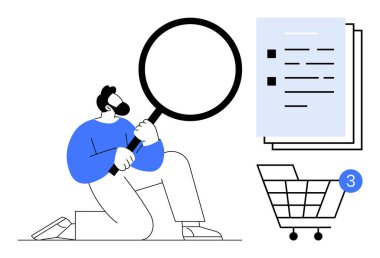 Elinde büyüteç tutan bir işadamı, bir belgeyi ve bir alışveriş arabasını inceliyor. E-ticaret, araştırma, analiz, iş stratejisi, çevrimiçi alışveriş, pazar eğilimleri için ideal