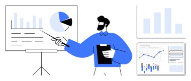 İş adamı elinde bir not panosuyla panodaki çizelgelere işaret ediyor. Çevredeki alanda çeşitli grafik veri gösterimleri yer almaktadır. İş stratejileri ve pazarlama için ideal