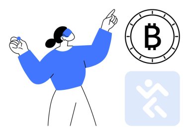 Bozuk para tutarken yukarı bakan kişi, çalışan ikonun yanında Bitcoin sembolü. Kripto para birimi, engelleme zinciri, dijital finans, fintech yenilik, modern iş, teknolojik gelişme için ideal