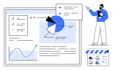 Büyük ekranda verileri grafik, grafik ve istatistiklerle sunan adam. İş stratejisi, veri analizi, piyasa araştırması, sunumlar, eğitim e-ticaret ve eğitim için ideal. Satır metaforu