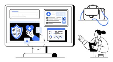 Teletıp arayüzü görüntüleme, sağlık grafikleri, kullanıcı profilleri ve koruyucu simgeler. Doktor, yanında tıbbi bir çantayla panoyu işaret ediyor. Teletıp, sağlık ve sanal hizmet için ideal.