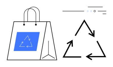 Geri dönüşüm sembollü kağıt alışveriş torbası, sağda sürdürülebilirlik çabalarını sembolize eden bir ok üçgeniyle birlikte. Çevre dostu kampanyalar, geri dönüşüm girişimleri ve çevre için ideal