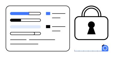 İlerleme çubukları ve metni olan bir panonun yanındaki kilit ve anahtar deliği, veri gönderimi ve mahremiyeti vurguluyor. Siber güvenlik, veri yönetimi, dijital güvenlik, çevrimiçi mahremiyet ve bilgi için ideal