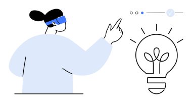 Person wearing a blue virtual reality headset points toward animated light bulb with plant inside, symbolizing innovative ideas. Ideal for creativity, innovation, technology, virtual reality, future clipart