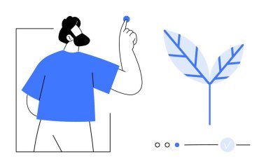 Man touches a button, large leaf with branches, three circles and checkmark. Ideal for technology, innovation, sustainability, growth, nature progress user interaction. Line metaphor clipart