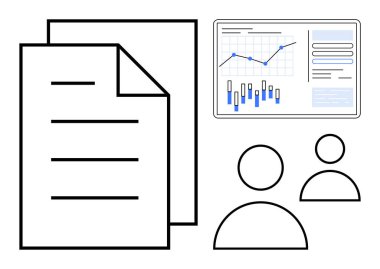 Grafik ve grafik sunum ekranının yanında iki kullanıcı simgesine sahip metin satırları olan belgeler. İş analizi için ideal, rapor sunumları, takım çalışması, üretkenlik, veri analizi, ilerleme