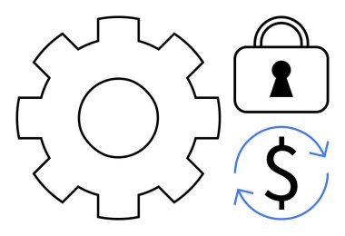 Vites dişlisi, anahtar deliğiyle kilitlen, oklarla dolar işareti yap. Finans otomasyonu, güvenlik, verimlilik gelişimi, finansal döngü, fintech süreci optimizasyonu ve ekonomik sistemler için idealdir. Çizgi