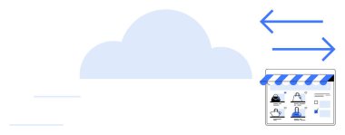 Bulut simgesi, ürün listeleri ve veri transferini gösteren mavi oklar. Çevrimiçi alışveriş, e-ticaret çözümleri, bulut hesaplama, dijital eşzamanlama, veri transferi için ideal