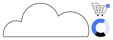 Bulut çizgisi, üç tebligatlı alışveriş arabası ve mavi, siyah ve beyaz segmentli turta tablosu. Bulut depolama, çevrimiçi alışveriş, veri analizi, bildirimler için ideal dijital hizmetler