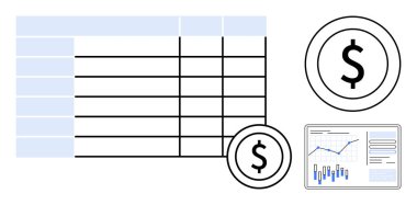 Dolar sembolleri ve performans grafiğiyle çevrili sıralı ve sütunlu mali tablolar. Ekonomi raporları, iş planlaması, mali tahminler, yatırım analizi, muhasebe için ideal