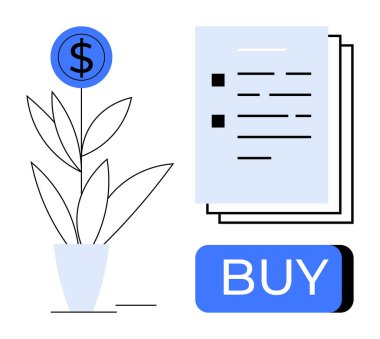 Üzerinde dolar sembolü olan bir bitki, bir yığın doküman, büyük bir satın alma tuşu. Finans, yatırım, iş büyümesi, e-ticaret, pazarlama, ekonomi ve girişim için ideal. Satır metaforu
