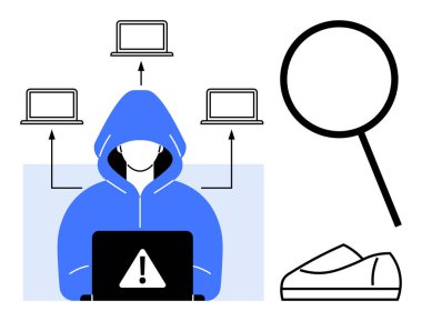 Hooded figure at laptop with warning symbol, arrows to three computers. Magnifying glass and shoe beside. Ideal for cybersecurity, hacking, online fraud, surveillance, digital forensics, network clipart