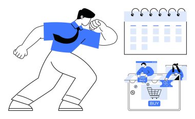 Takvime bakan bir işadamı ve satın alma düğmesi, nakit teklifleri ve indirim yüzdeleri olan online bir alışveriş arabası. İş planlaması, e-ticaret, satış stratejisi, zaman yönetimi için ideal