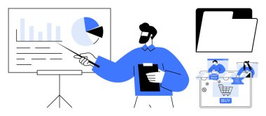 Sunum panosuna çizelgelerle bakan, elinde pano tutan bir adam. Dizin simgesi, alışveriş arabalı online alışveriş simgeleri, Satın Alma düğmesi. İş için ideal, veri analizi, e-ticaret, sunum projesi