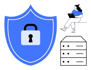 Kalkan kilidi güvenliği simgeler, dizüstü bilgisayar kullanan bir kadın ve bir veri sunucusu. Siber güvenlik, veri koruması, bilişim altyapısı, bilgi güvenliği, çevrimiçi mahremiyet ve teknoloji için ideal