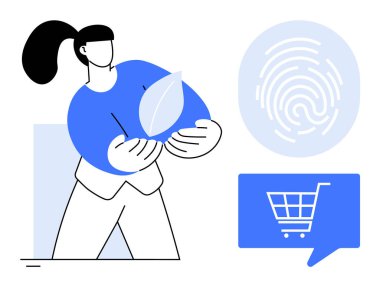 Person holding a green leaf, digital fingerprint icon, and speech bubble with shopping cart. Ideal for eco-friendly shopping, authentication, identity verification, e-commerce, sustainability clipart