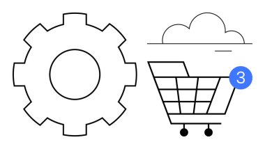 Tepesinde bulut olan vites ve alışveriş arabası ve üç numaralı haber baloncuğu. Çevrimiçi alışveriş, ecommerce, teknoloji entegrasyonu, bulut hizmetleri, bildirimler, sistem ayarları, uygulama için ideal
