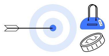 Hedefe isabet eden ok, maddi hedefleri gösteren para ve el çantasıyla birlikte hassasiyeti ve başarıyı temsil ediyor. Finans, strateji, planlama, pazarlama ve iş için ideal