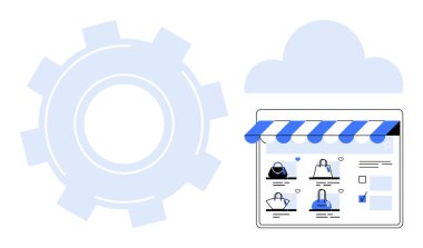 Çevrimiçi mağaza vitrininde çeşitli çantaları gösteren bir web sayfası, vites simgesi ve bulut şekli var. E-ticaret için ideal, çevrimiçi iş, dijital pazarlama, perakende satış, web tasarımı, bulut