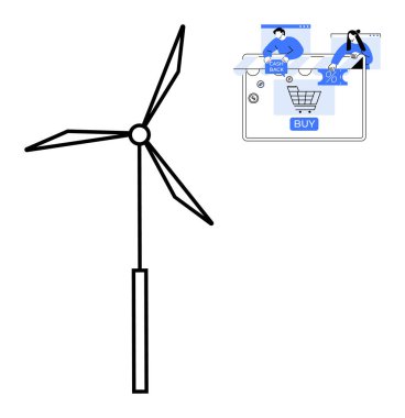 Çevrimiçi bir alışveriş ekranının yanında rüzgar türbini. Nakit teklifler ve indirimli temalar. E-ticaret, yenilenebilir enerji, çevre dostu alışveriş, sürdürülebilirlik, dijital pazarlama, müşteri