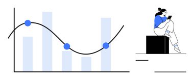 Bir blokta oturmuş tablete bakan bir kadın. Dört çubuklu çubuk grafik ve üç veri noktalı aşağı doğru eğimli bir çizgi. İş analizi için ideal, mali raporlar, veri sunumu, teknoloji