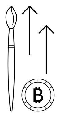 Boya fırçası, iki yükselen ok ve Bitcoin simgesi. Sanat, yaratıcılık, finans, dijital para birimi, yatırım, büyüme ve modern ekonomi hattı metaforu için ideal