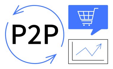 Oklarla çevrelenmiş P2P metni, alışveriş arabalı konuşma balonu ve yukarı doğru eğilimli grafikler. E- ticaret, finans hizmetleri, eşler arası ağlar, çevrimiçi pazarlar, büyüme ölçümleri için ideal