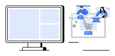 Satın alma tuşu, alışveriş arabası, nakit para ve indirim elemanları da dahil olmak üzere e-ticaret arayüzü olan bilgisayar monitörü. E-ticaret, çevrimiçi alışveriş, dijital pazarlama, web tasarımı, perakende kullanıcısı için ideal