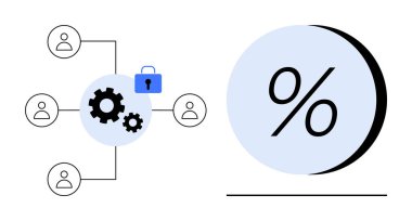 Ağ düğümleri, güvenlik ve takım çalışmasını sembolize eden asma kilide bağlanıyor. Yüzde sembolü veri analizi ve performans ölçümlerini gösterir. Siber güvenlik ve veri analizi için ideal