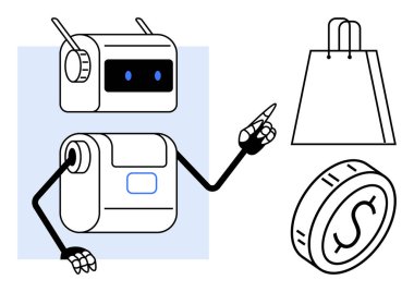 Alışveriş torbası ve bozuk paraya bakan anlamlı yüzlü bir robot. E-ticaret, otomasyon, perakende yenilik, dijital işlemler, fütüristik alışveriş, akıllı teknoloji, müşteri deneyimi için ideal