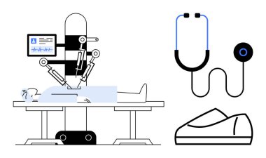 Stetoskop ve defibrilatörle ameliyat masasında yatan bir hastayı ameliyat eden robot kollar. Tıbbi teknoloji için ideal, sağlık hizmetleri yeniliği, robotik cerrahi, ameliyat