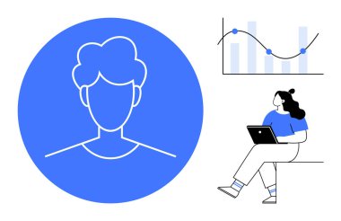 Dizüstü bilgisayarlı bir kadın, veri ve çizelgeleri analiz ediyor. Yüzü ve omuzları sadeleştirilmiş büyük profil simgesi. İş analizi, teknoloji, veri bilimi, iletişim, kullanıcı arayüzü için ideal