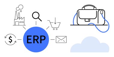 ERP sistem merkezi fabrikaya, büyüteç, alışveriş arabası, zarf, geri dönüşüm işareti, bulut ve çantaya bağlı. İş yönetimi için ideal, veri entegrasyonu, kaynak tahsisi, mali