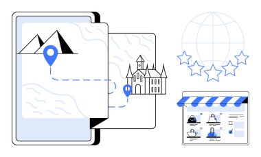 Bir şatoya açılan GPS haritası, çevrimiçi mağaza arayüzü ve yıldızlı küresel ağ. Seyahat, navigasyon, çevrimiçi alışveriş, küresel erişim, ecommerce, turizm dijital haritaları için ideal