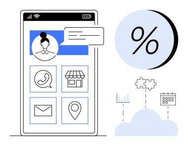 Kullanıcı sohbetini gösteren mobil uygulama arayüzü, telefon, mağaza, e-posta, konum simgeleri. Yüzde sembolü, bulut, bulmaca parçaları, grafik, takvim. Teknoloji ve iletişim sektörü e-ticareti için ideal