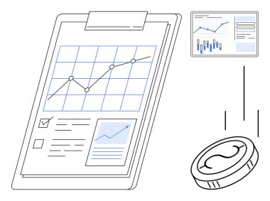 Panoda mali büyüme çizgisi grafiği, istatistikli küçük ekran, bozuk para düşüşü. İş analizi, finansal planlama, piyasa araştırması, yatırım, veri görselleştirme, ekonomik