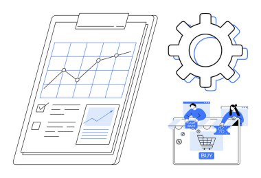 Panodaki iş grafiği, vites simgesi, nakit reklamı ve internet indirimi olan e-ticaret çıkış sahnesi. İş, finans, pazarlama, e-ticaret, veri analizi, teknoloji web tasarımı için ideal