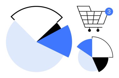Tebligat kartlı alışveriş arabası ve mavi, siyah ve beyaz farklı bölümleri olan iki pasta tablosu. E-ticaret, iş analizi, mali raporlar, piyasa araştırmaları, veriler için ideal