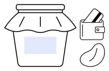 Etiketli kavanoz, cüzdan, kredi kartı ve minimalist tasarımda ele geçirilmiş tohum. Finansal tasarruflar, yatırımlar, organik büyüme, bütçe, sürdürülebilirlik, çevre dostu finans zenginliği için ideal