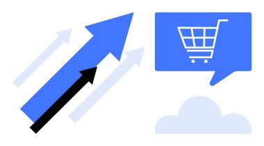 Alışveriş arabası ikonunun yanında yukarı doğru üç ok. Ticari büyüme, e-ticaret, satış analizleri, pazarlama stratejileri, çevrimiçi perakende satış, finansal başarı, dijital piyasa eğilimleri için idealdir. Satır metaforu