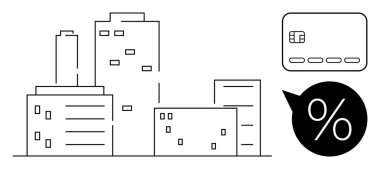 Zarif çizgileri olan modern binalar, bitişik kredi kartları, cesur yüzde sembolleri. Finans, bankacılık, ipotek, gayrimenkul, yatırım kentsel planlama ekonomik büyüme için ideal. Satır metaforu