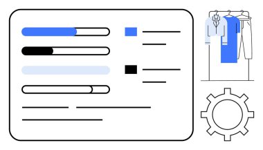 Progress bars, task lists, and clothing on a rack with gear icon symbolize project management and organization. Ideal for workflows, productivity, checklists, process management, planning, fashion clipart