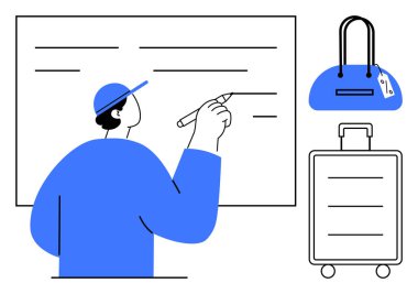 Gemide, çantada ve bavulda yazan kişi seyahat hazırlığı veya planlama öneriyor. Seyahat blogları, eğitim, iş gezileri, planlama, organizasyon danışmanlık eğitimi için ideal. Satır metaforu