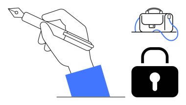 El ele tutuşma kalemi, mavi kayışlı çanta, siyah asma kilit. İş, güvenlik, yaratıcılık, yazı, ofis işi, gizlilik koruması ve kurumsal markalaşma için ideal. Satır metaforu